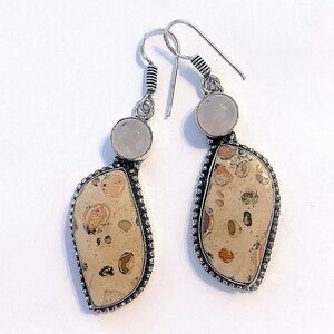 1 1/2 inch Leopard Skin Jasper and Rose Quartz earrings.